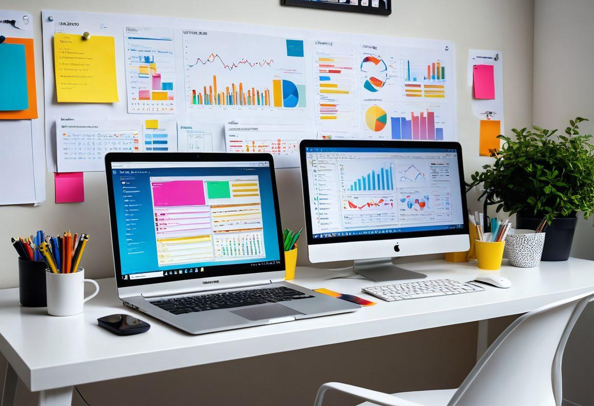 A modern workspace featuring a sleek laptop displaying an organized digital database with colorful charts and graphs. Surrounding the laptop are visual elements depicting creativity and organization, like sticky notes, a brainstorming board, and a cup of coffee. Bright, motivating colors create an inviting atmosphere. super-realistic. vibrant colors. white background.