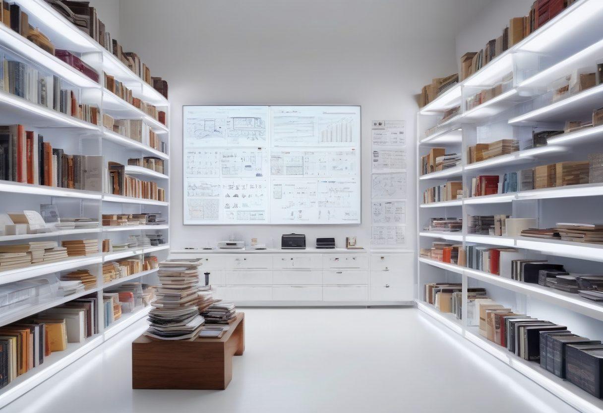 A visually engaging scene showcasing a well-organized inventory room with neatly arranged shelves filled with various items, from books to tools, representing collections and compendiums. Include a person, focused and diligent, using a tablet to manage stock, with charts and graphs holographically displayed in the air. The background features soft lighting that emphasizes clarity and efficiency. super-realistic. vibrant colors. white background.